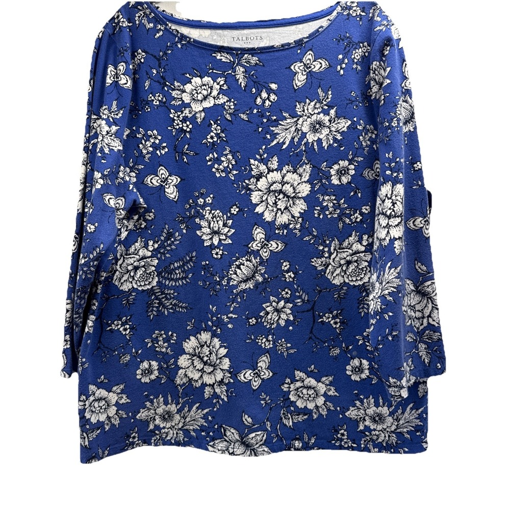 Talbots Women's Top Size XL Blue White Floral 3/4 Sleeves Cotton Blend Pullover